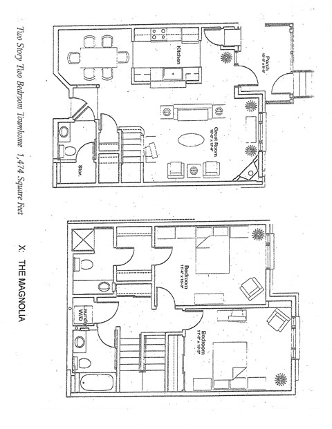 A floor plan of a two-story building with a living room, kitchen, and bathrooms.